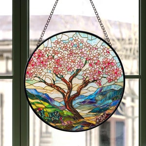 Cherry Blossom Tree Faux Stained Glass, Japanese Cherry Blossom Glass Suncatcher, Birthday Gift For Her Mom Wife Grandma, Christmas Gift