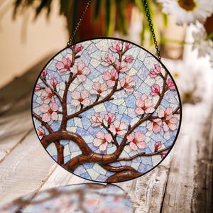 Cherry Blossom Tree Stained Glass Window Suncatcher Spring Floral Decor Gift for Mom