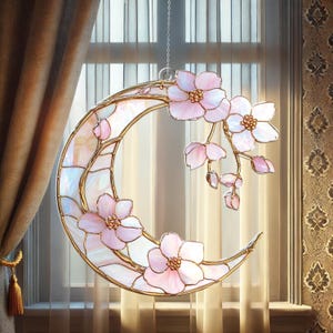 2D Flat Sakura Moon Acrylic Suncatcher, Cherry Blossom Window Hanging, Gift For Flower Lovers, Gift For Her, Elegant Pink Floral Room Decor