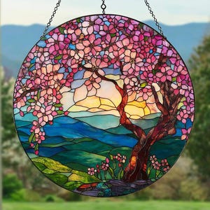 Cherry Blossom and Mountain Window Hanging Decor, Cherry Blossom Stained Glass Suncatcher, Japan Landscape Hanging, Gift for Nature Lovers