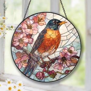 Robin Glass Suncatcher, American Robin Cherry Blossom Window Hanging, Bird Lover Gift, Spring Blossom Sun Catcher Home Window Decor