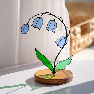 Stained glass Bluebell flower, Bellflowers artificial plants on wooden stand, desk accessories