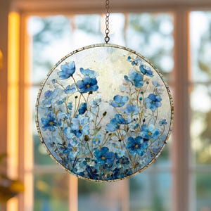 Stained Blue Wildflower Suncatcher Round Window Hanging Floral Sun Catcher Handmade Botanical Gift for Home Window Decor