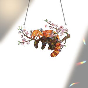Red Panda Cherry Blossom Hologram Window Hanging Acrylic Suncatcher With Chain