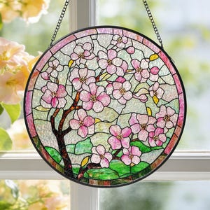 Cherry Blossoms Suncatcher, Pink Flowers Stained Glass, Gift for Mom Grandma, Birthday Gift, Housewarming Gift, Nature Home Decor