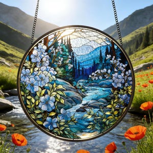 Blue Floral Forest Window Hanging, Round Stained Glass River Suncatcher, Nature Enthusiasts Owners, Unique Gift for Mom, Mother's Day Gift