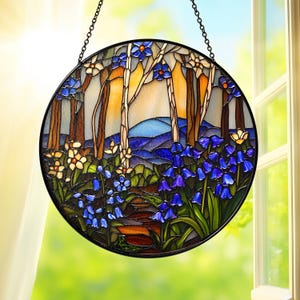 Forest Stained Glass Suncatcher, Bluebell Flower Window Hanging, Bluebell Flower Handmade Nature Art, Forest Round Glass Suncatcher Decor
