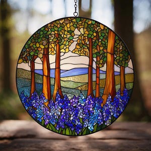 Forest view with bluebell flowers round stained glass suncatcher window decor gift for nature lover, Gift For Mom