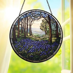 Forest Bluebell Stained Glass Suncatcher, Round Nature Window Hanging, Woodland Landscape Sun Catcher Decor