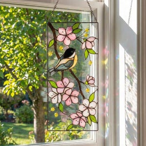 Stained Glass Chickadee Suncatcher, Cherry Blossom Window Panel, Spring Bird Art Decor, Gift for Mom