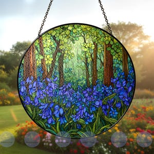 Bluebell Forest Glass Suncatcher, Woodland Flower Window Hanging, Nature Panel Decor Gift, Spring Sun Catcher