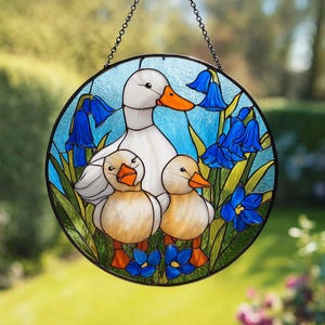 Duck Family With Bluebells Stained Glass Suncatcher, Nature Inspired Window Hanging, Home Decor, Garden Decor, Rustic Home Art