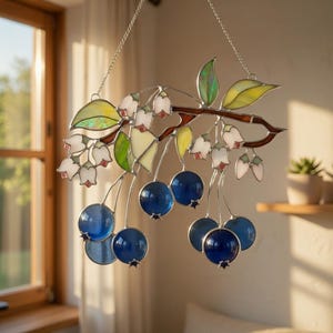 Blueberry and Bellflower Acrylic Suncatcher, Vibrant Blueberry Branch Window Art, Nature Glass Decoration, Gift for Gardeners