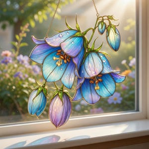 Blue Bell Flower Suncatcher Window Hanging: Stained Glass Style Acrylic Botanical Garden Decoration Keepsake