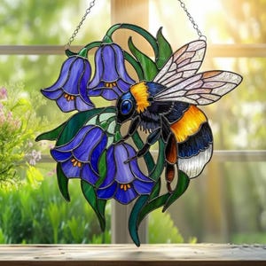 Bumblebee & Bluebells Suncatcher, Garden Bee Window Hanging, Botanical Wall Art, Thoughtful Gift for Nature Lovers, Spring Home Decor