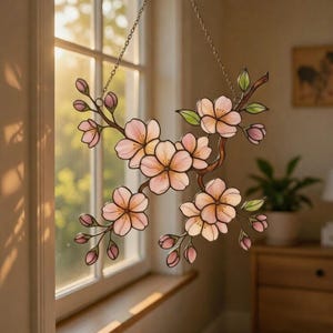 Cherry Blossom Acrylic Suncatcher, Stained Glass Style Pink Floral Window Hanging Decor, Spring Sakura Gift for Home
