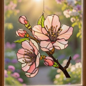 Cherry Blossom Suncatcher Acrylic Window Hanging, Sakura Flower Stained Glass Look Decor, Japanese Floral Sun Catcher, Spring Branch Art