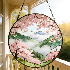 Cherry Blossom Mountain Stained Glass Suncatcher,Japanese Sakura Window Hanging,Mountain Mist Window Art,Mountain Stained Glass Suncatcher