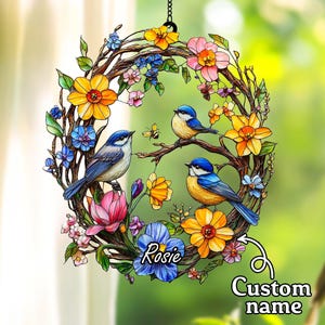 Spring Bird Wreath Acrylic Suncatcher – Faux Stained Glass Window Hanging with Bluebirds, Wildflowers, and Butterflies,Nature-Inspired Decor