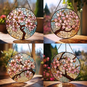 Pink Cherry Blossom Branch Stained Glass Suncatcher, Round Floral Window Art Hanging, Birthday Gift For Mom or Grandma Home Decor