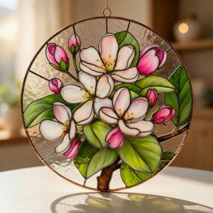 Cherry Blossom Stained Glass Suncatcher, Apple Blossom Window Hanging, Spring Floral Wall Art, Gift for Mother & Nature Lovers, Flower Decor