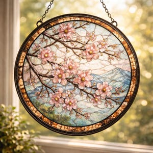 Cherry Blossom Stained Glass Suncatcher, Sakura Window Sun Catcher, Pink Floral Glass Art Hanging, Nature Spring Decor Gift