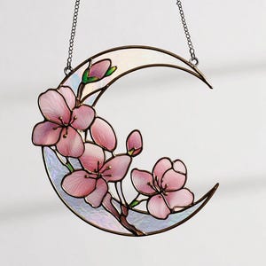 Stained Glass Cherry Blossom Moon Suncatcher, Floral Window Ornament, Boho Sakura Decor