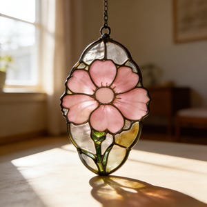 Handmade Cherry Blossom Stained Glass Suncatcher, Iridescent Floral Window Hanging, Cozy Spring Home Accent, Gift for Flower Lovers & Mom