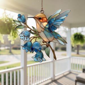 Bluebell Hummingbird Suncatcher, Faux Stained Glass Acrylic Window Art, Blue Floral Bird Decor, Gift for Mom Nature Lover